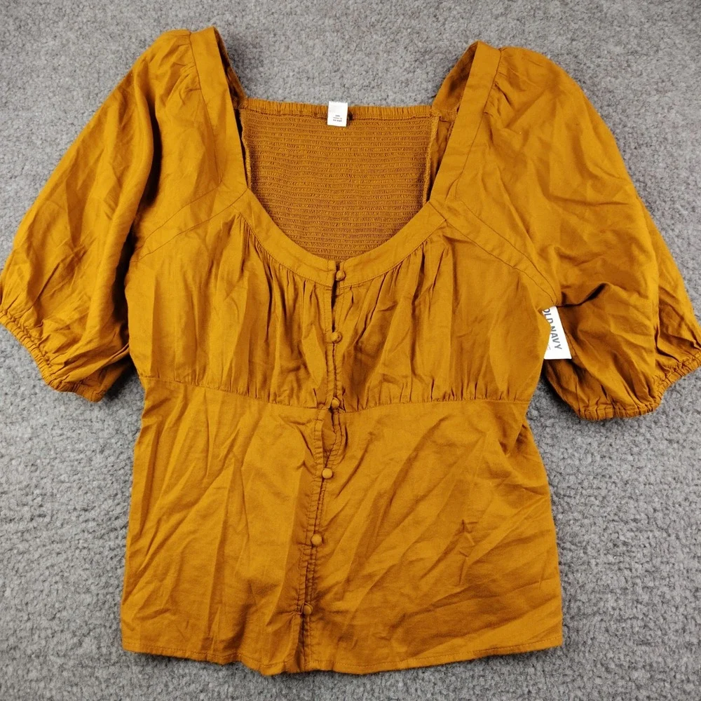 Old Navy Top Womens Large Brown Bronze Smocked Puff Sleeve Peplum NWT